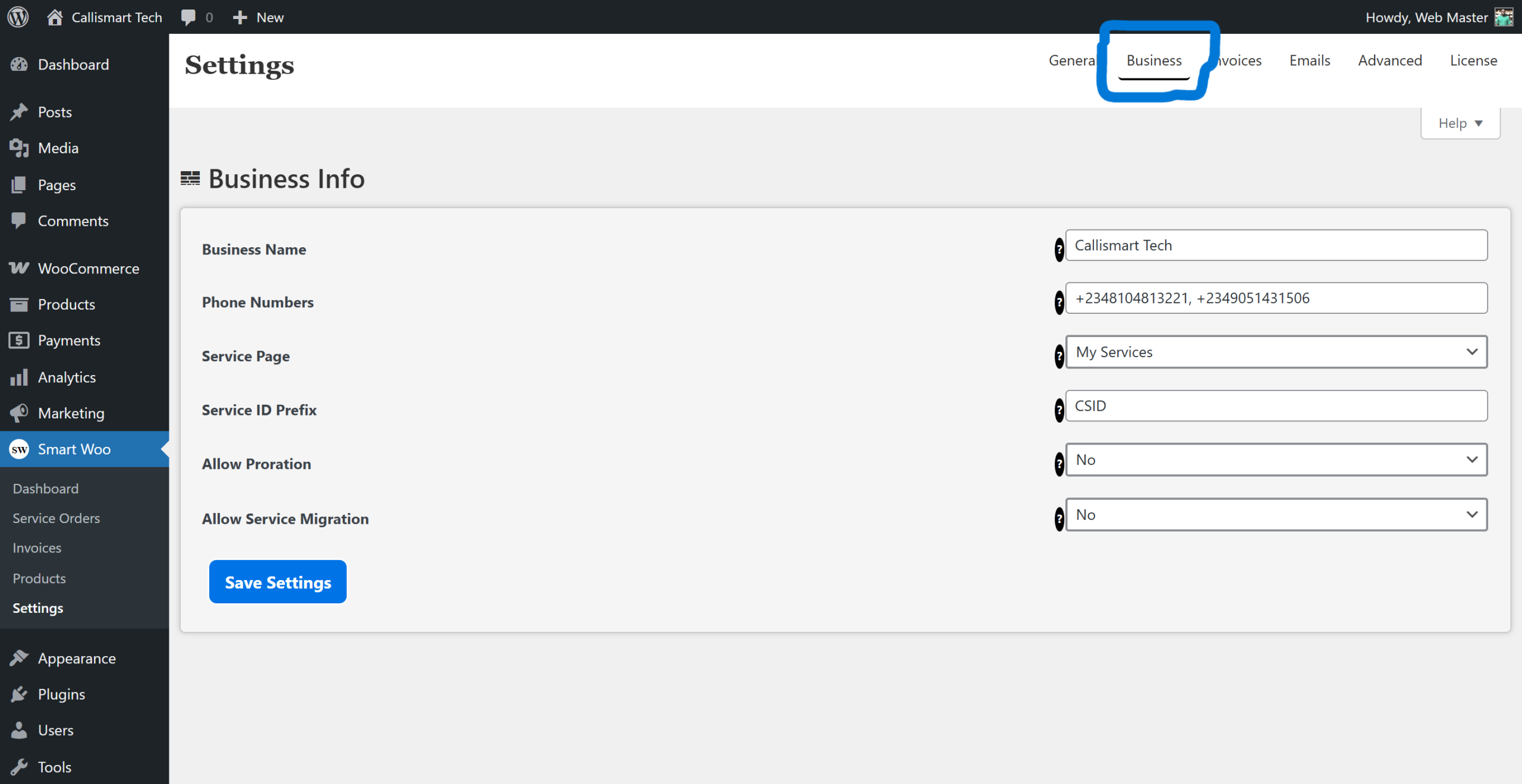 smart woo business settings page scaled